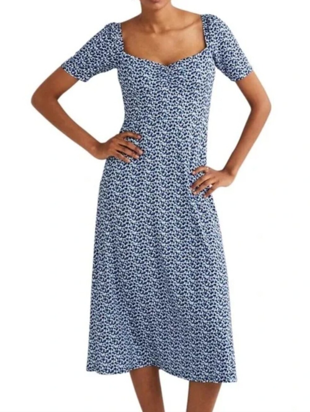 BODEN Blue Confetti Print Jersey Maxi Dress Sweetheart Neck Short Sleeve | SZ 16